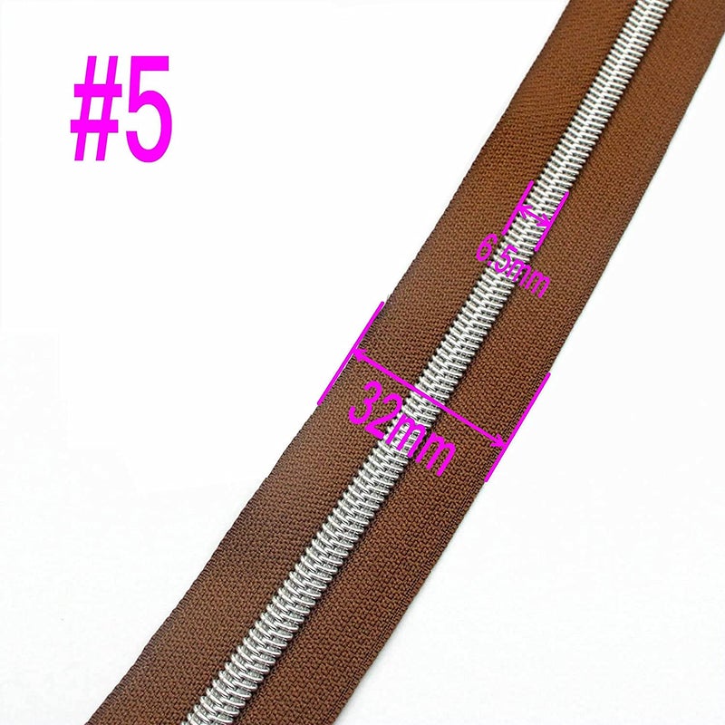 Leekayer #5 Metallic Silver Nylon Coil Zippers by The Yard Bulk 10 Yards Brown Zipper Tape with 25pcs Silver Sliders for DIY Sewing Tailor Craft Bag(Brown) - Image 2